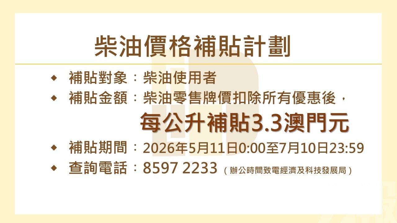 每公升柴油補貼3.3元 為期兩個月